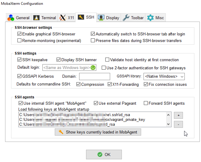MobaXterm configuration menu for SSH